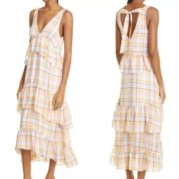 Cinq a Sept Astor Tiered Midi Dress Size 10 Plaid Pastel White Maxi NEW $465 - Picture 10 of 10